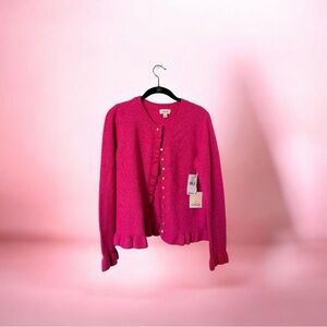 CeCe Bright Pink Ruffle-Edge Cardigan